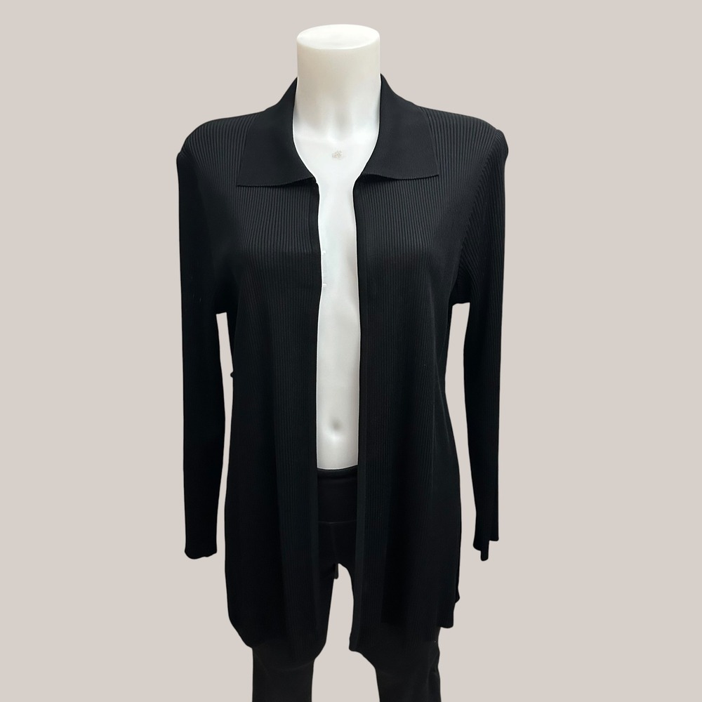 Misook Ribbed Knit Open Front Mid length Cardigan Sweater sz M Vintage